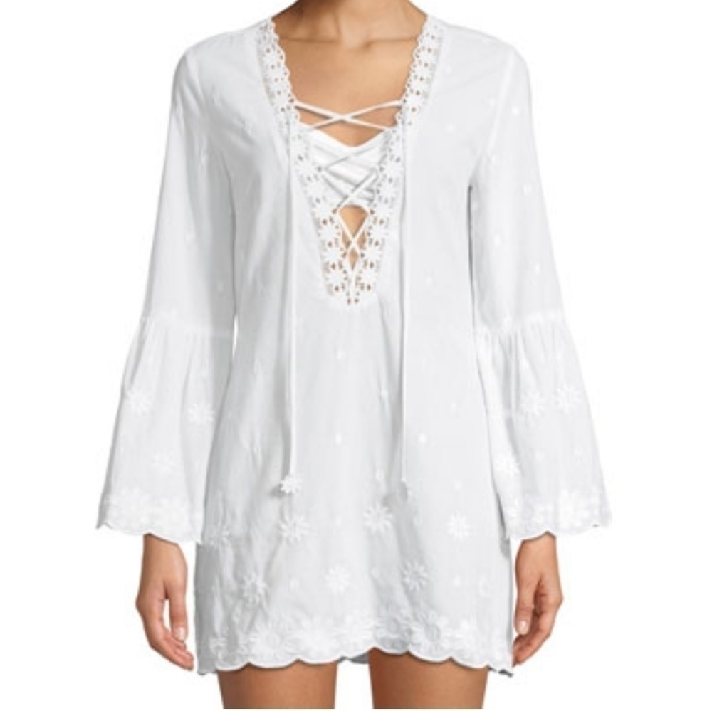 NWT Miguelina Daisy Embroidered White Cotton Coverup Medium Lace-up Neck